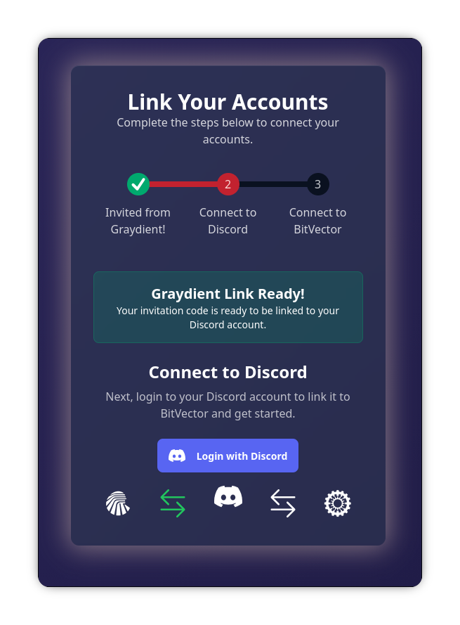 A screenshot of "BitVector Linker" showing a "Login with Discord" button as the next step