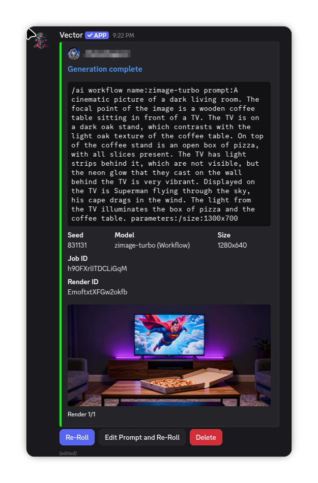 An example of a completed request in Discord