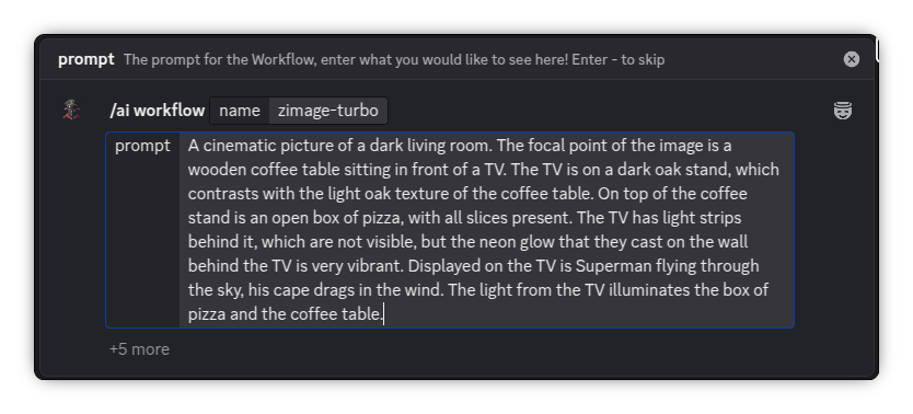 A preview of the command with the workflow name and the above example prompt filled in