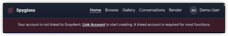 Demonstration of Spyglass prompting the user to link a Graydient account via a red banner at the top of the page