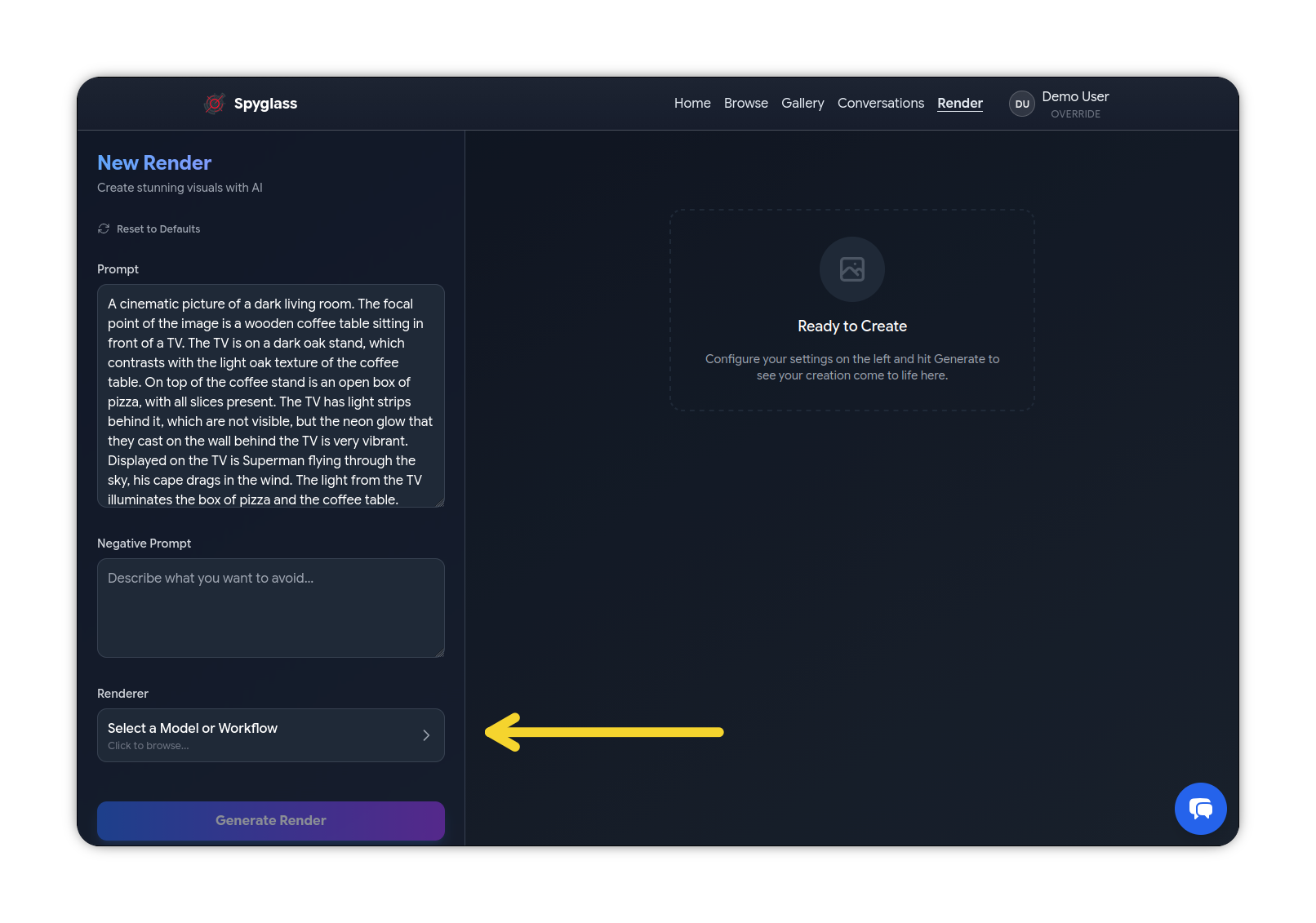 An annotated screenshot of Spyglass' Render page, with a prompt already filled in. An arrow points to the button to select a renderer